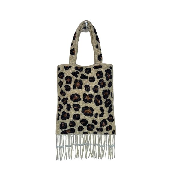 Handcrafted Beaded Leopard Print Double Handles With Fringe Women’s Clutch Sz S - Picture 1 of 8